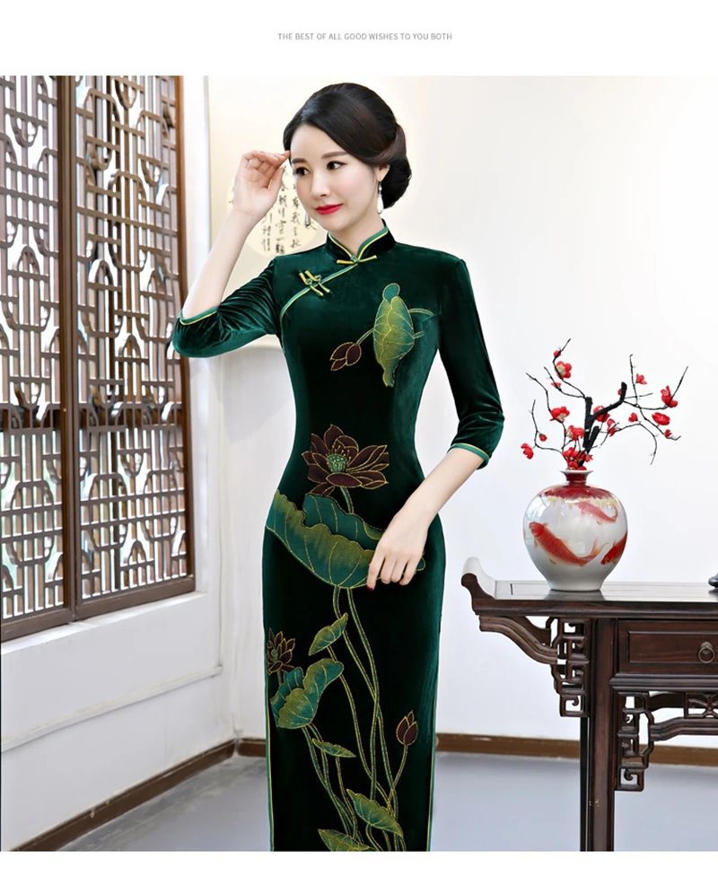 Традиционное женское платье cheongsam, зеленое платье cheongsam с длинными рукавами, платье cheongsam XL, подиум для моделей, этикет cheongsam