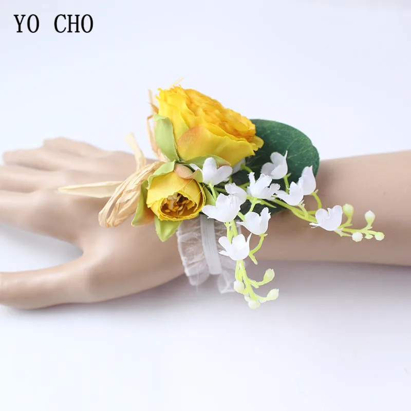Boutonniere Flowers wedding wrist corsage flowers silk roses yellow  (8)