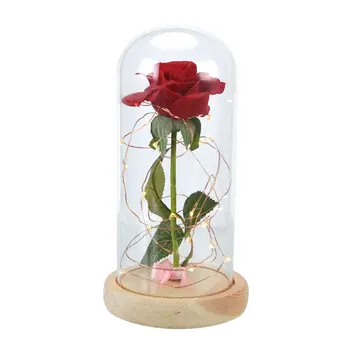 

LED Artificial Rose Flower with Lighting Strings Romantic Wedding Decor Glass Cover with Wooden Base Dome Preserved Fresh Flower