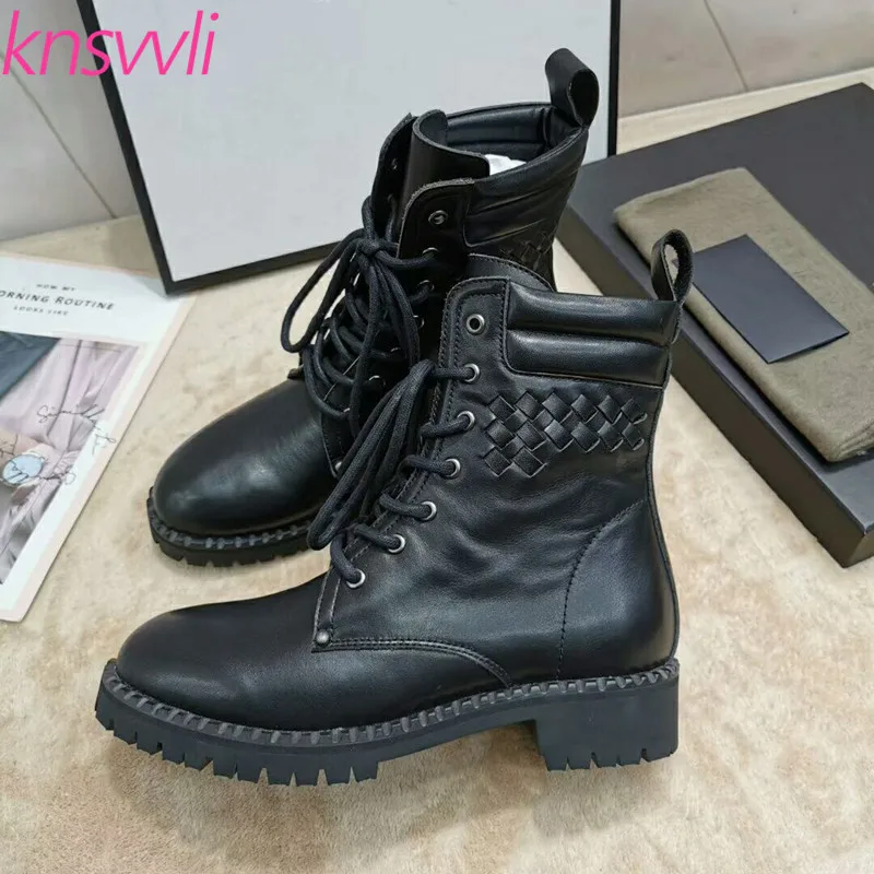 inside leather Knsvvli ткань из Натуральной Кожи Мотоциклетные женские ботинки, на шнуровке, круглый носок Утепленная одежда на плоской подошве зимние сапоги Для женщин меховые зимние сапоги - Цвет: inside leather