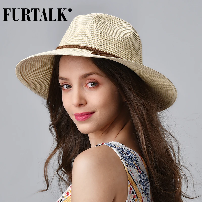 Женская соломенная шляпа FURTALK Пляжная Панама с большими полями и защитой от