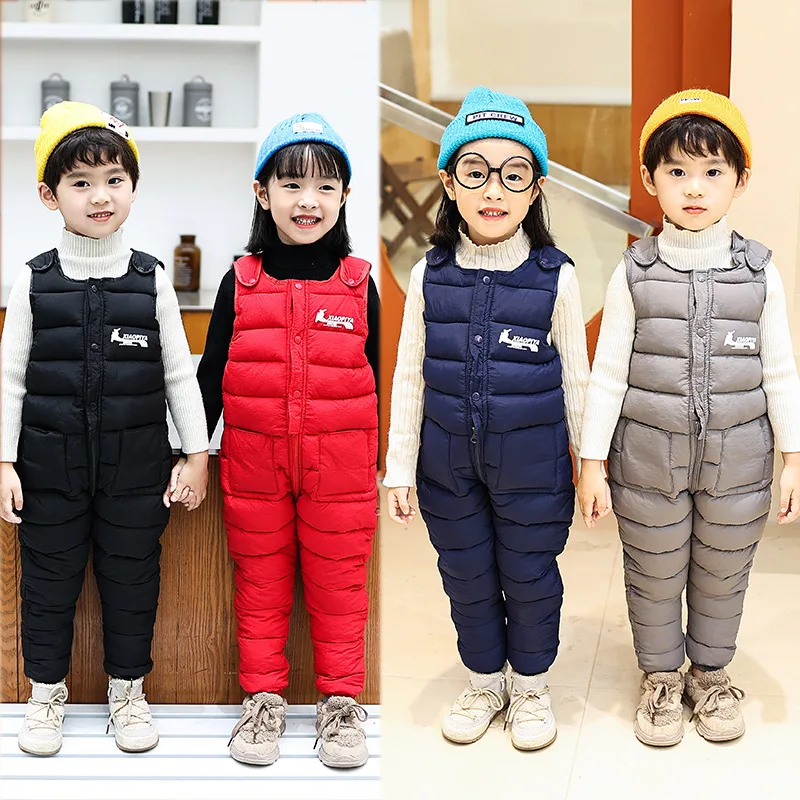 

2021 Autumn Winter Children Warm One-piece Pants Overalls Baby Boys Down Cotton Pants Fashion Girls Solid Color Romper 1-2-3-4-5