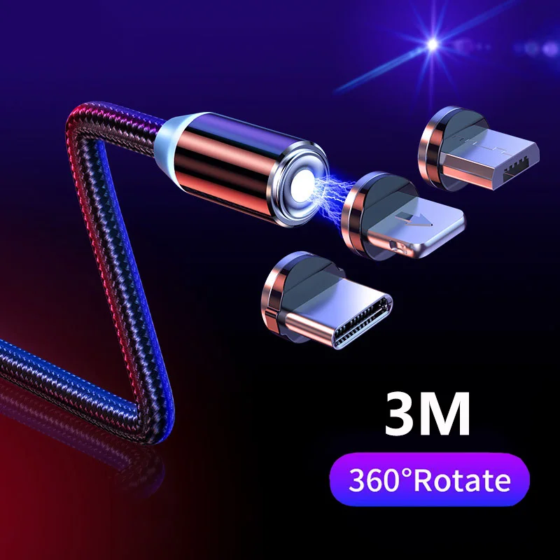 Магнитный зарядный кабель 3 м для iPhone USB Type C Micro Samsung Xiaomi Huawei автомобильный |