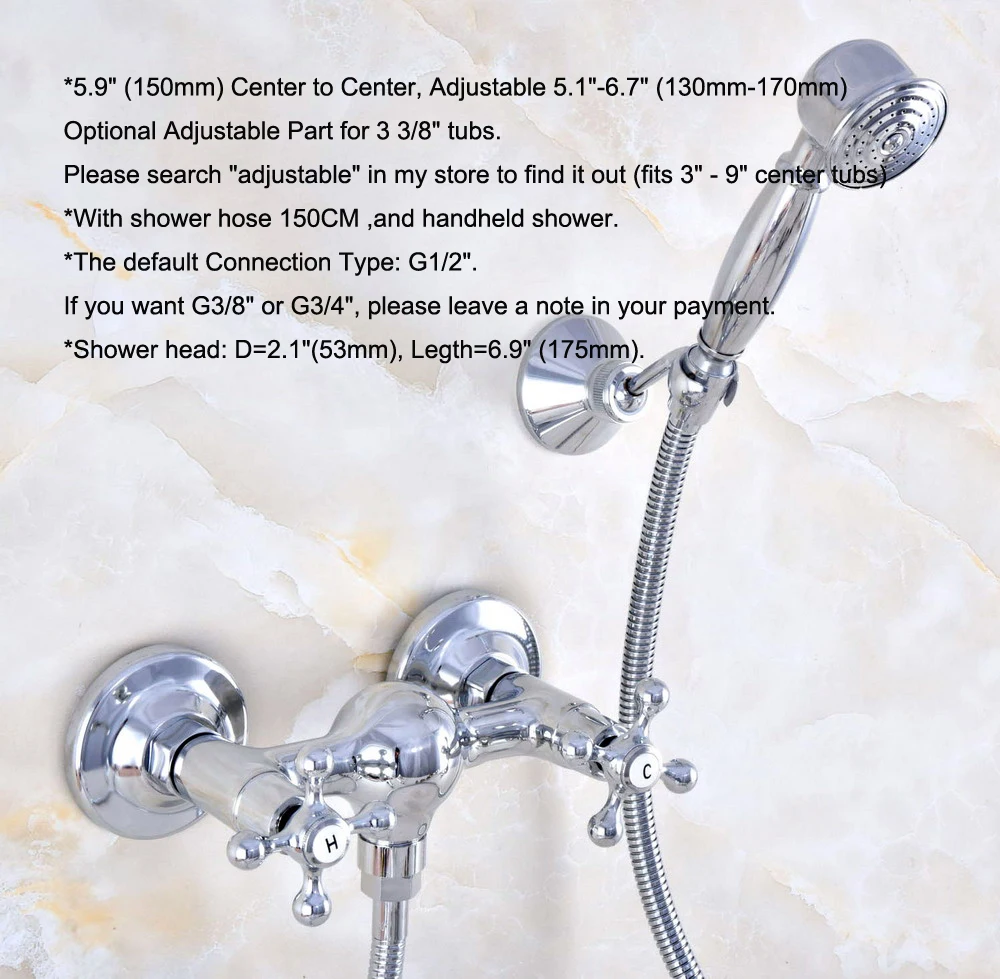 Полированный хромированный латунный настенный кран для ванной комнаты ручной душ Набор смесителя Двойные крестообразные ручки mna773