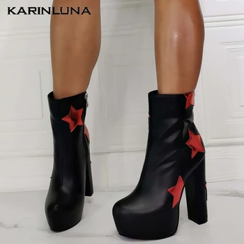 

Karinluna Sxey High Heels Fashion High Quality Party Round Toe Squar Thick Heels Platform Ankel Mixed Color woman Boots
