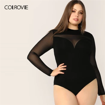 

COLROVIE Plus Black Sheer Yoke Keyhole Back Sweetheart Bodysuit Women Solid Bodysuit 2019 Fall Sexy Elegant Skinny Bodysuits