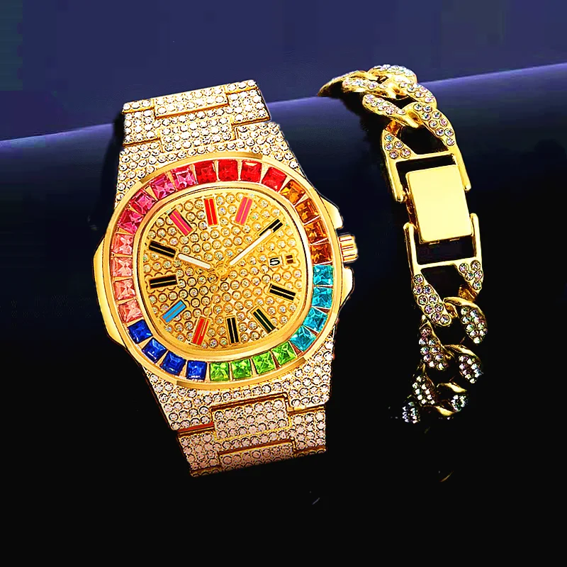 2pcs Bracelet Watches for Men Women Luxury Iced Out Watch Clock HipHop Men Gold Cuban Chain Watch Men Gift Set Relogio Masculino