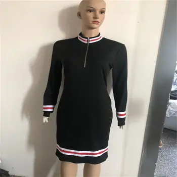

Spring Autumn Womens Dress Striped Ribbon Half-neck Zip Dress Solid Color Long Sleeve Females Casual Dress