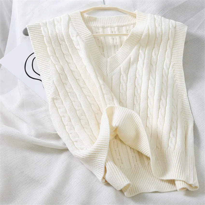 beige white Новинка, модный весенний вязаный женский жилет с v-образным вырезом, Повседневный свитер, пальто без рукавов, короткая верхняя одежда, Chalecos Para Mujer - Цвет: beige white