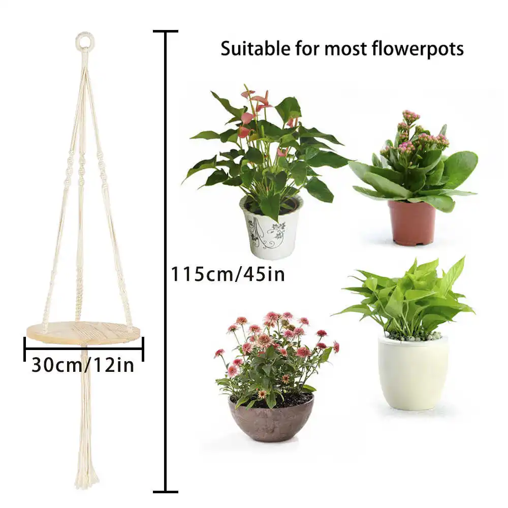 Round Macrame Shelf Planter Hanger for Indoor Plants with Wooden Shelf Bohemian Hanging Plant Stand for Modern Homes Decor Home Goods - Цвет: Round