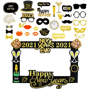 

2021 Paper Photo Booth Props Photo Frame Set Happy New Year Eve Party Decorations Hats Glasses PhotoBooth Christmas Supplies