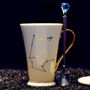 12 созвездий креативные керамические чашки с крышкой Ложка костяного фарфора кружка офисная чайная чашка молочная чашка кофейная чашка кофейные чашки кружки - Цвет: Aquarius