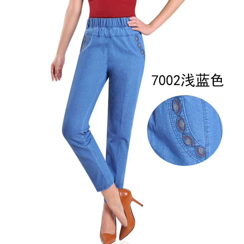 Винтажные джинсы с цветочной вышивкой, весна-лето, женские повседневные тонкие джинсы с высокой талией, синие прямые джинсы размера плюс - Цвет: Light2