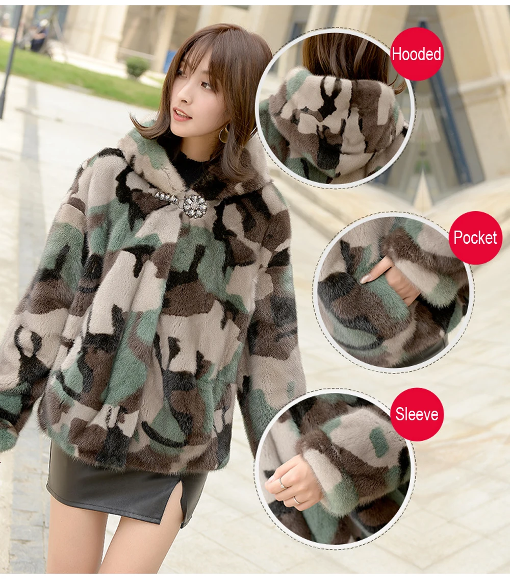 New design lady Camouflage color real mink fur jacket hooded pocket street arm women genuine mink fur outerwear full pelt