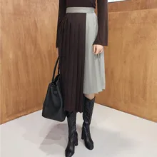 Новинка, весенние винтажные женские плиссированные юбки, лоскутные цветные Асимметричные трапециевидные юбки с высокой талией, женская элегантная Рабочая одежда