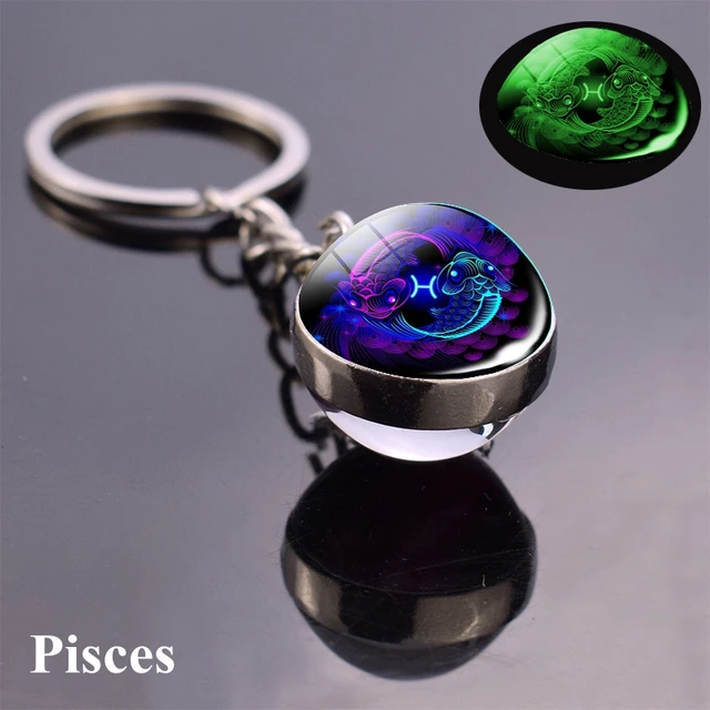 12 Constellation Luminous Keychain Glass Ball Pendant Zodiac Keychain Glow In The Dark Key Chain Holder Men Women Birthday Gift Pisces Blue