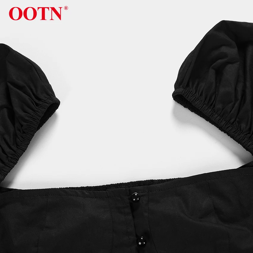 OOTN однобортный сексуальный черный укороченный Топ для женщин, с рюшами, с пышными рукавами, с квадратным воротником, блузки, женские осенние повседневные рубашки с длинным рукавом