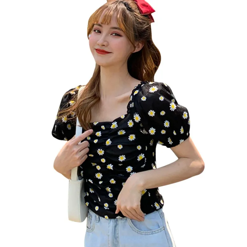 

Korean Women Blouses Small Daisy Square Neck Blouse Mesh Puff Sleeve Sweet Short Chiffon Shirt One Size Top Vetements Femmes