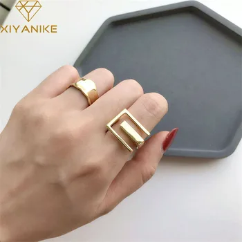 

XIYANIKE 925 Sterling Silver Geometry INS Simple Ring Female Fashion Design Rectangular Hollow Flat Open Ring Jewelry
