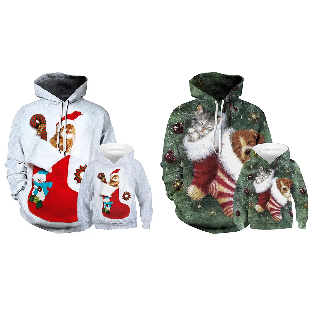 

2019 New Christmas Family Matching Outfits Mommy and Me Clothes Plus Size New Year Loverly Cat and Dog 3D Print Plus Cloth