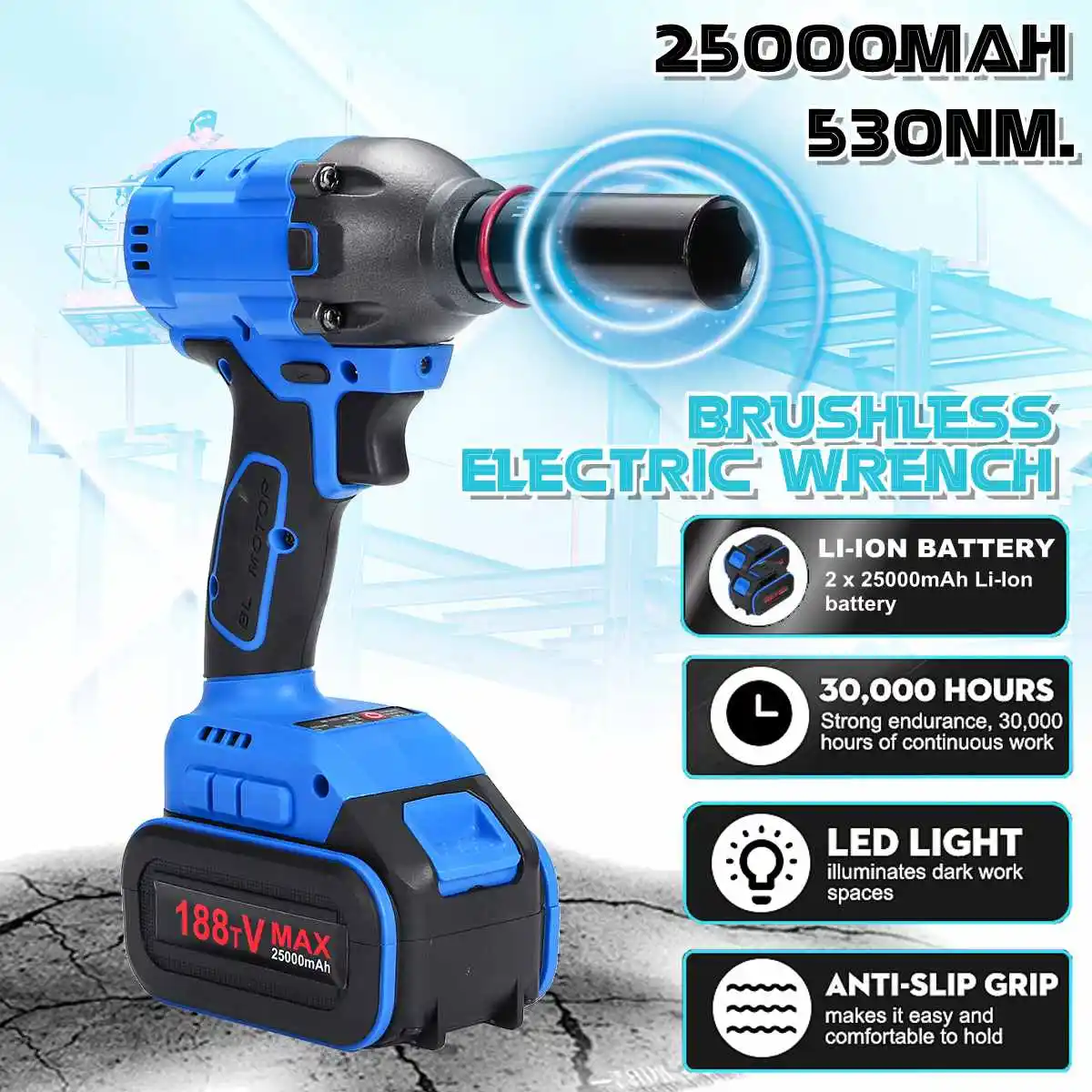 

530Nm 25000mah 1/2'' Cordless Impact Wrench Power Driver Electric Wrench Socket Hand Drill Installation Power Tools