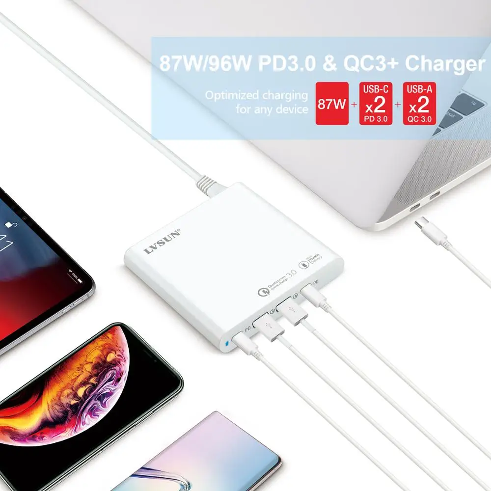 Najtaniej LVSUN 87W 96W podwójny rodzaj usb C podróży adapter do ładowarki do laptopa z USB C PD3.0 dla Macbook XiaoMi HP Dell XPS iphone a 11 pro typ c