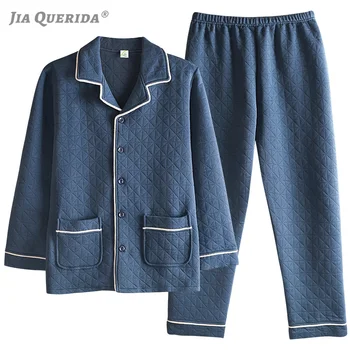 

Elegant Men's Pajamas Set Long Sleeves Pants 3 Layers Pure Cotton&polyester Padded Turn-down Collar Solid Men's Blue Sleepwear