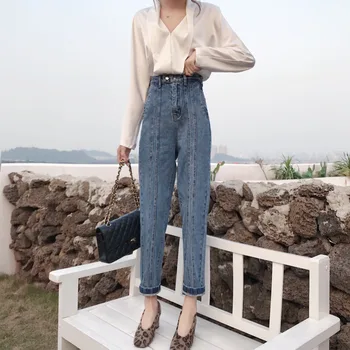 

2020 Spring Jeans Women Blue High Waist Harem Pants Chic Spliced Ankle-Length Jeans Vinatge Ladies Pants