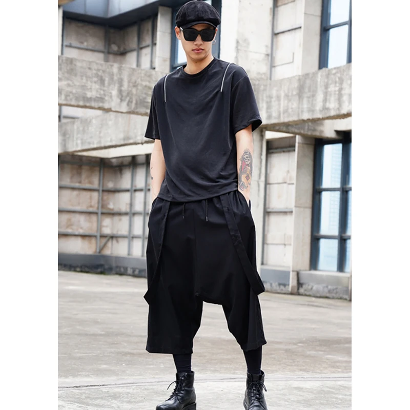 Youth strap loose fake two fashionable men's nine point casual fashion shorts fashion hip hop Harun dark crotch pants