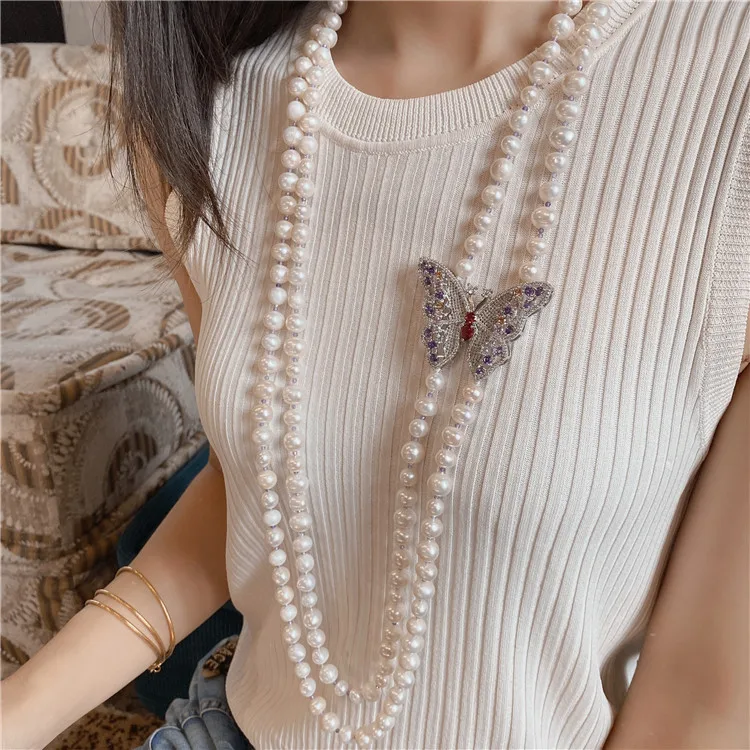 30-32'' 2 Strands White Round Pearl Purple Butterfly CZ Connector Long Necklace