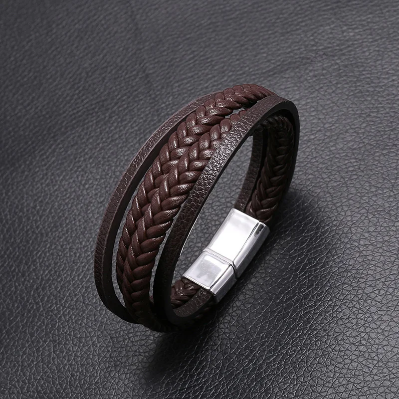 

Fashion Multilayer Leather Men Bracelets Magnetic-clasp Cowhide Braided Bangles Trendy Rope Bracelets For Male Female Bracelet