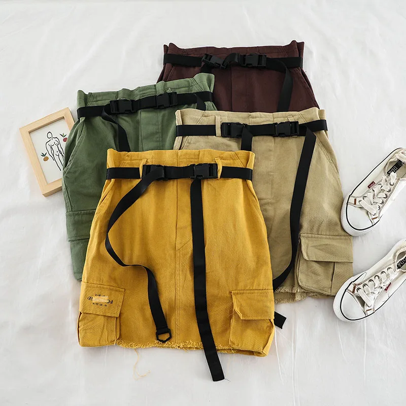 

Ins Fashionable Handsome Women's Mini Skirt Bf Double Pockets Loose High Waist Overalls Casual Raw Edge Skirt Streetwear