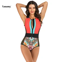 Lunamy, винтажный Цельный купальник с принтом, женский купальник, сексуальный, без рукавов, боди, на молнии спереди, пляжная одежда, купальник для женщин