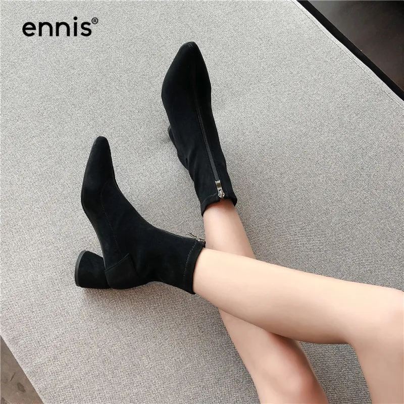 ENNIS/ г., дизайнерские эластичные сапоги на молнии, передний багажник женское из микрофибры ботильоны с острым носком на не сужающемся книзу массивном каблуке Осенняя обувь новинка, A9155