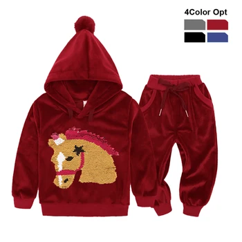 

Boys Girl Tracksuit Toddler Kids Baby Wings Hood Hoodie Sweat Coat Sport Pants Trousers Children Fur Ball Sets Velvet Horse