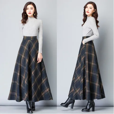 dark blue Faldas mujer moda, Длинная женская клетчатая юбка макси, осенне-зимняя женская юбка трапециевидной формы с высокой талией, винтажная шерстяная юбка fw625 - Цвет: dark blue