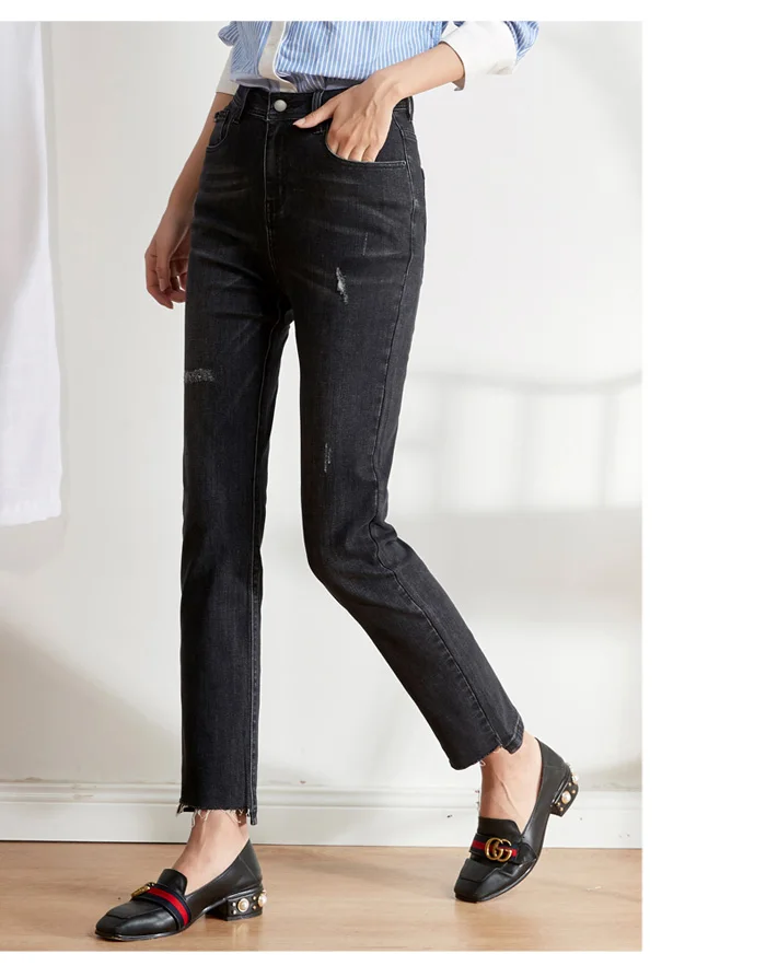 Женские свободные джинсы LEIJIJEANS, черные прямые джинсовые брюки с потертостями и дырками, новая повседневная модель 9209 большого размера