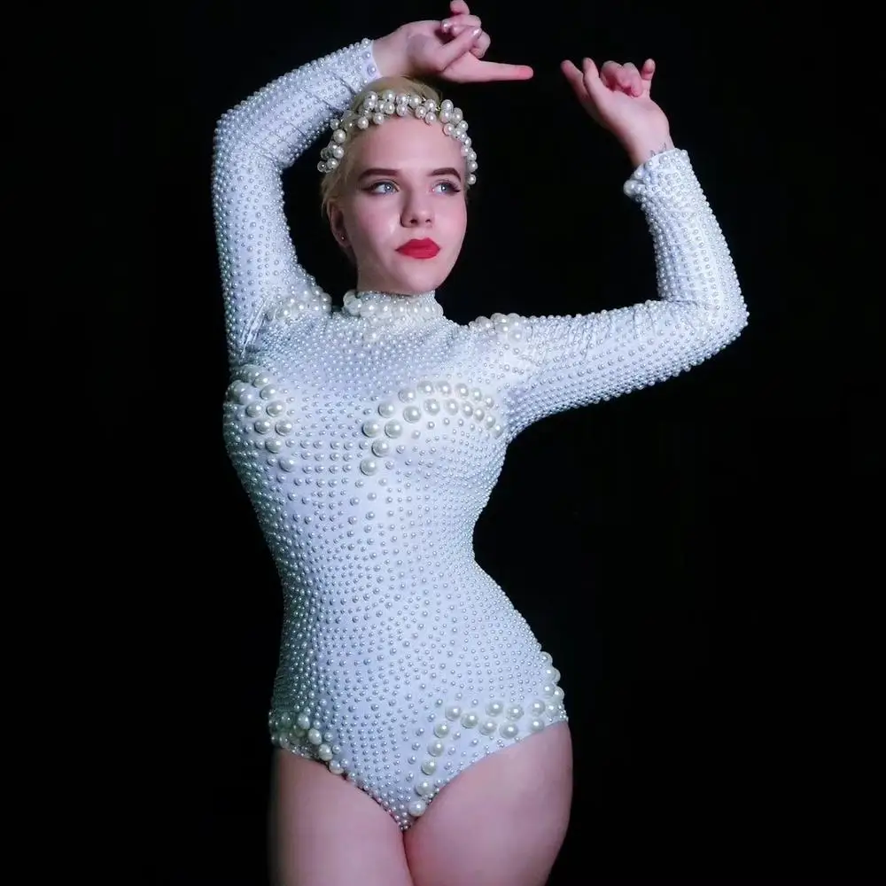 

Flashing White Pearls Leotard Women's Dance Wear Prom Celebrate Outfit Bar Evening Women Dancer Outfit Bodysuit