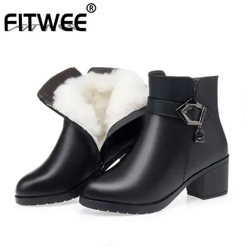 

FITWEE Plush Warm Women Ankle Boots Round Toe Zipper Genuine Leather Square Heels Shoes Winter Women Footwear Size 35-43