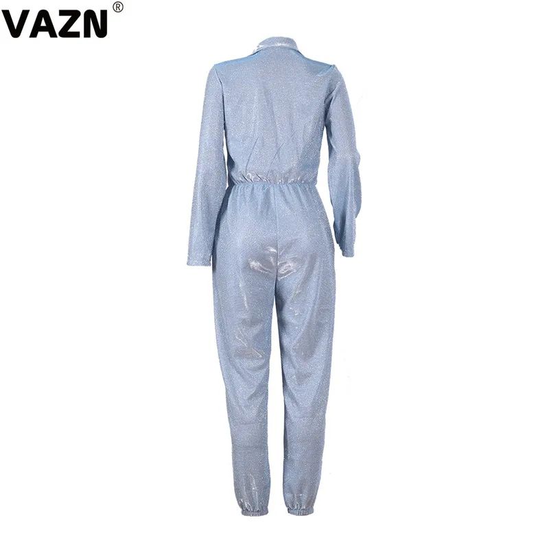 VAZN ME361Solid blue Прямые длинные брюки сафари сексуальный женский комбинезон с отложным воротником с длинными рукавами спортивные костюмы длинный комбинезон