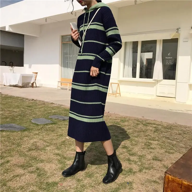 

Casual Loose Stripe Sweater Dresses Autumn Winter Warm Hooded Dress Blue Black Long Sleeve Ribbed Striped Knitted Dress Long
