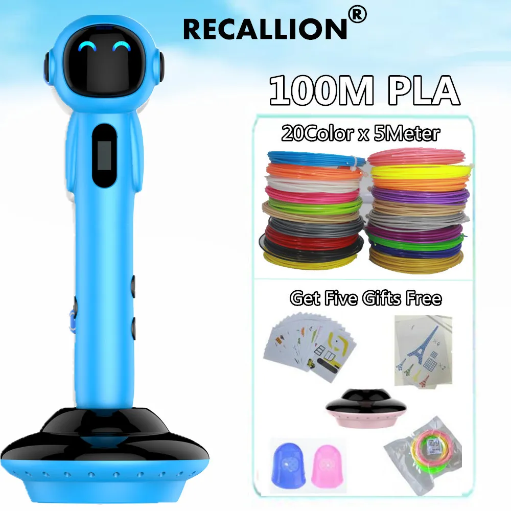 

RECALLION 3D Pen LED Screen DIY 3D Printing Pen+100m PLA Filament+Five Gifts Creative Toy Gift For Kids Design Drawing Pen 3D