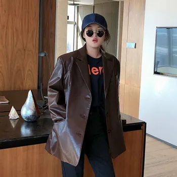 

LANMREM 2020 Solid Color Pu Leather Loose Lapel Single-breasted Retro Temperament Jacket Spring New Slim 19B-a563