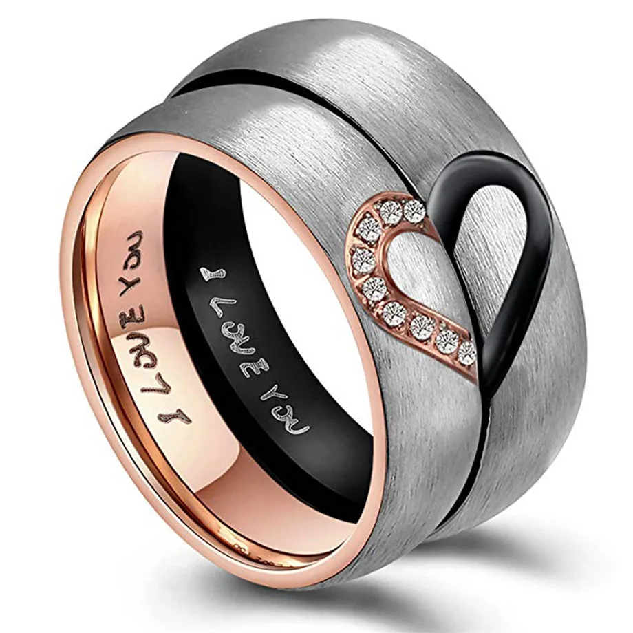 Anillo de acero inoxidable con forma de corazón para parejas, sortija, Color rosa, dorado y negro, para hombre y mujer