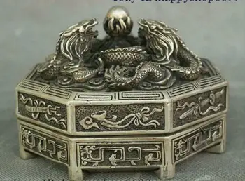 

China Dynasty Palace Silver 3 Dragon Loong Beast 8 Auspicious Symbol Shirley Box
