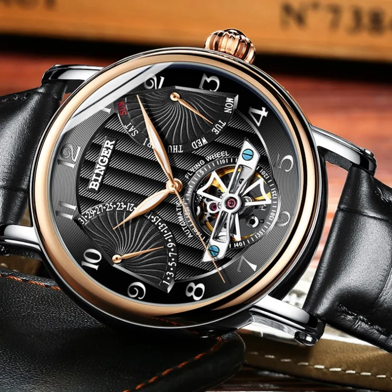 Модные Tourbillon часы от ведущего бренда, швейцарские BINGER, Мужские автоматические часы, мужские часы с кожаным ремешком и календарем, водонепроницаемые механические часы