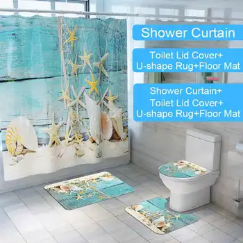 

Conch Printed Pattern Waterproof Shower Curtain Pedestal Rug Lid Toilet Cover Mat Bath Mat Set Bathroom Decor Curtains