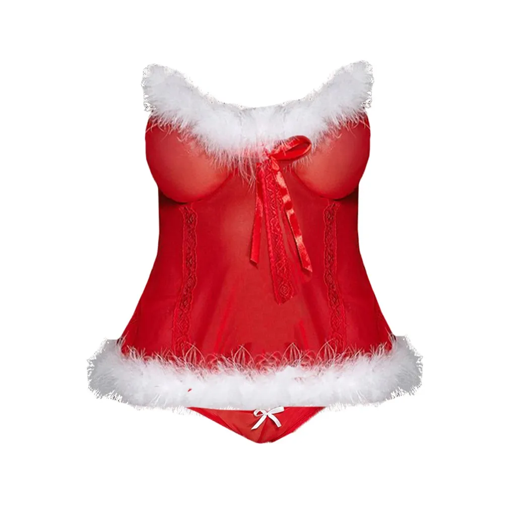 Women Sexy Lingerie Pajamas+ Christmas Hat Set Bowknot Red Erotic Lace Underwear Sleepwear Plus Size Babydoll Pijamas