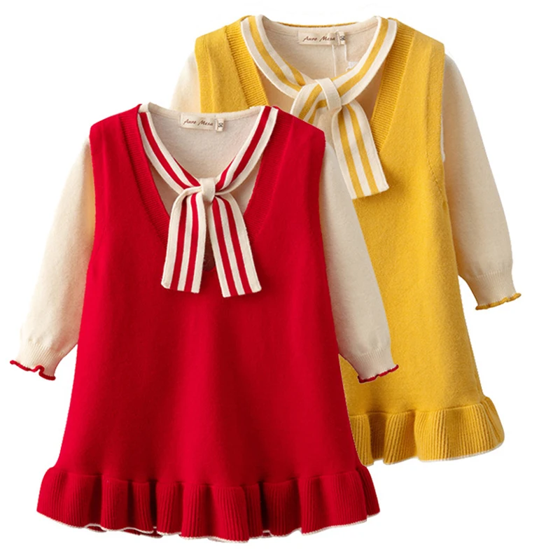

Baby Girls Knitted Dress New Autumn Baby Girls Knit Skirt Set Cotton Bow Long Sleeve T-Shirt Vest Dress Set Toddler Dress
