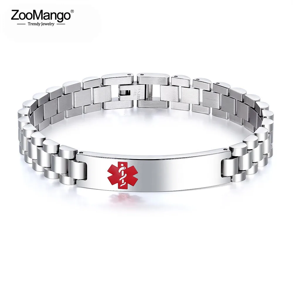 

ZooMango Trendy Silver Color Stainless Steel Male Statement Medical Alert Sign ID Bracelets & Bangles For Boyfriend Gift ZOGS966